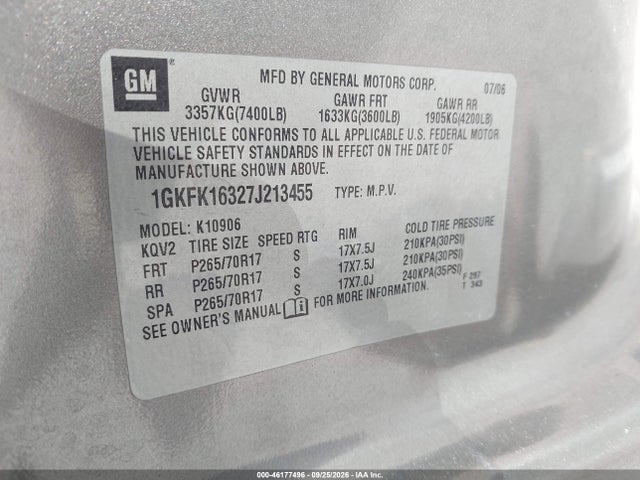 46177496 :رقم المزاد ، 1GKFK16327J213455 vin ، 2007 Gmc Yukon Xl 1500 Slt مزاد بيع