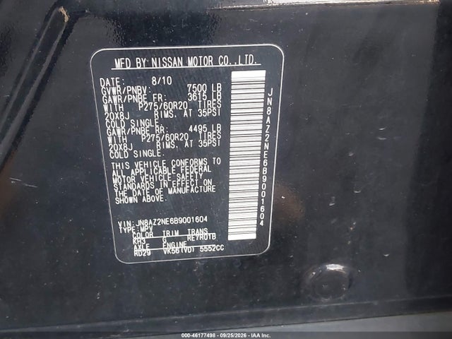 Aukcja sprzedaży 2011 Infiniti Qx56, vin: JN8AZ2NE6B9001604, numer aukcji: 46177498