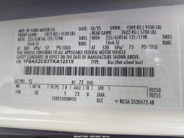 46177509 :رقم المزاد ، 1FBAX2C83TKA12315 vin ، 2026 Ford Transit-350 Passenger Van Xlt مزاد بيع