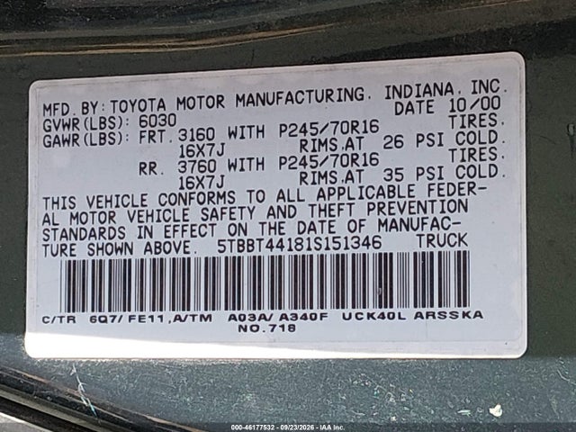 Aukcja sprzedaży 2001 Toyota Tundra Sr5 V8, vin: 5TBBT44181S151346, numer aukcji: 46177532