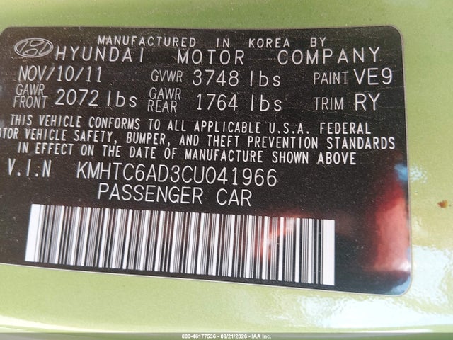 Aukcja sprzedaży 2012 Hyundai Veloster Base W/black, vin: KMHTC6AD3CU041966, numer aukcji: 46177536