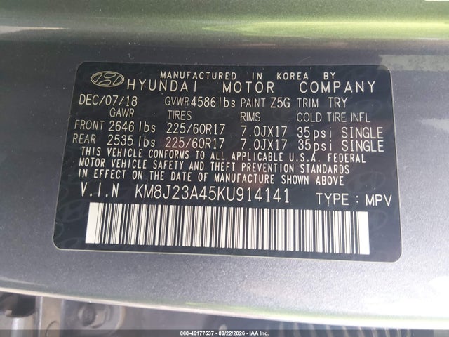 46177537 :رقم المزاد ، KM8J23A45KU914141 vin ، 2019 Hyundai Tucson Se مزاد بيع