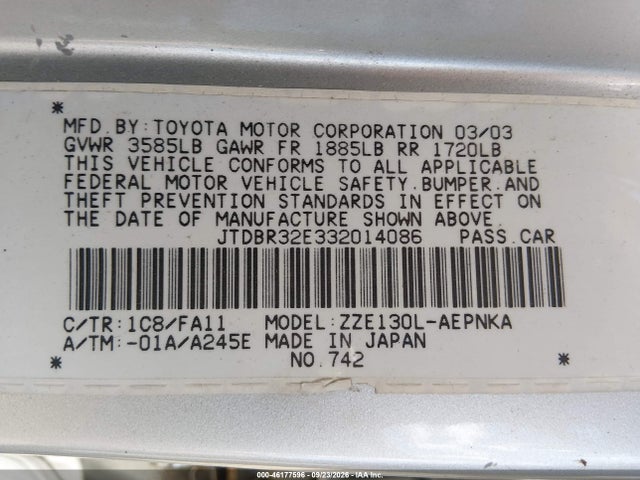 Aukcja sprzedaży 2003 Toyota Corolla Le, vin: JTDBR32E332014086, numer aukcji: 46177596