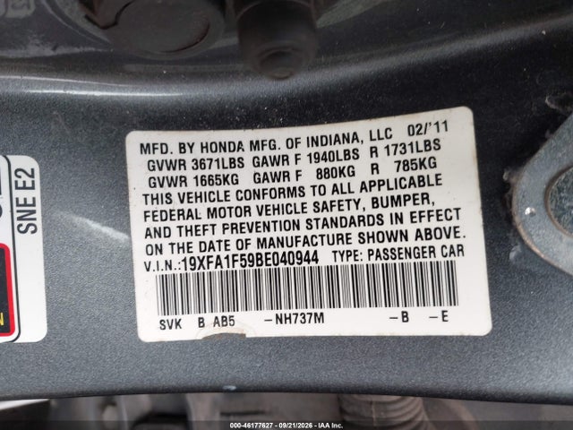 Продажа на аукционе авто 2011 Honda Civic Ex-l, vin: 19XFA1F95BE040944, номер лота: 46177627