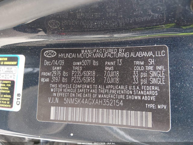 2010 Hyundai Santa Fe Limited V6 მანქანა იყიდება აუქციონზე, vin: 5NMSK4AGXAH352154, აუქციონის ნომერი: 46177650
