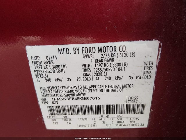 46177651 :رقم المزاد ، 1FM5K8F84EGB67015 vin ، 2014 Ford Explorer Limited مزاد بيع