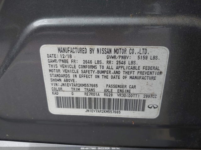 Продажа на аукционе авто 2019 Infiniti Q50 3.0t Luxe, vin: JN1EV7AR2KM557665, номер лота: 46177668