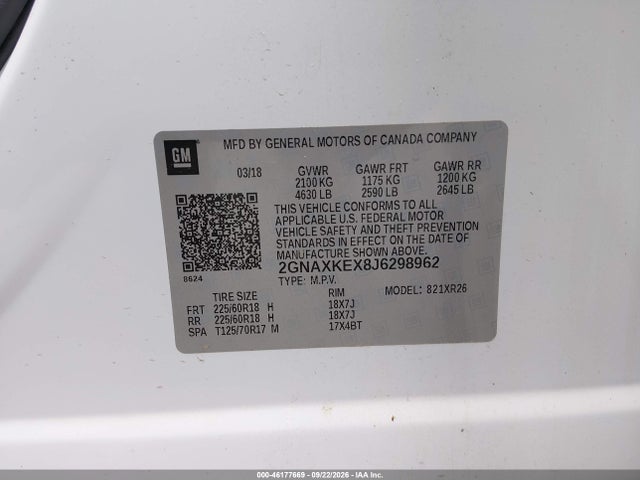 46177669 :رقم المزاد ، 2GNAXKEX8J6298962 vin ، 2018 Chevrolet Equinox Lt مزاد بيع
