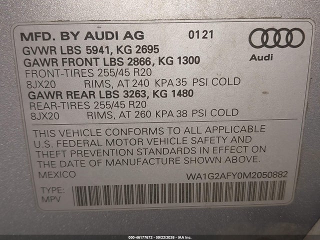 Aukcja sprzedaży 2021 Audi Q5 Premium, vin: WA1G2AFY0M2050882, numer aukcji: 46177672