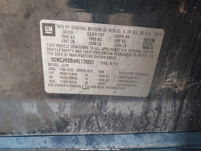 46177677 :رقم المزاد ، 3GNCJNSB4HL178831 vin ، 2017 Chevrolet Trax Ls مزاد بيع