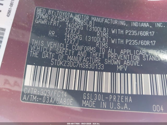 5TDKZ3DC7HS830133 Toyota Sienna Le 8 Passenger