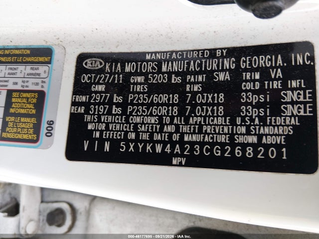 46177695 :رقم المزاد ، 5XYKW4A23CG268201 vin ، 2012 Kia Sorento Sx V6 مزاد بيع