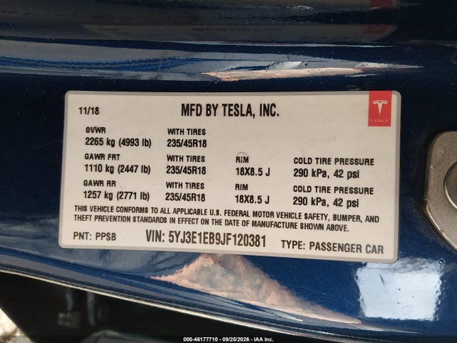 46177710 :رقم المزاد ، 5YJ3E1EB9JF120381 vin ، 2018 Tesla Model 3 Long Range/performance مزاد بيع