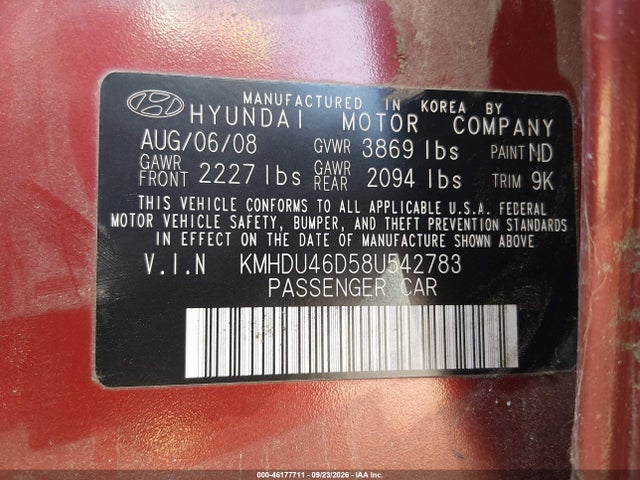Продажа на аукционе авто 2008 Hyundai Elantra Gls/se, vin: KMHDU46D58U542783, номер лота: 46177711