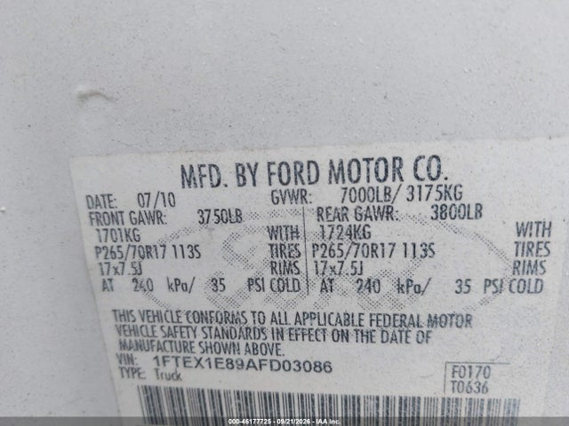 Продажа на аукционе авто 2010 Ford F-150 Stx/xl/xlt, vin: 1FTEX1E89AFD03086, номер лота: 46177725