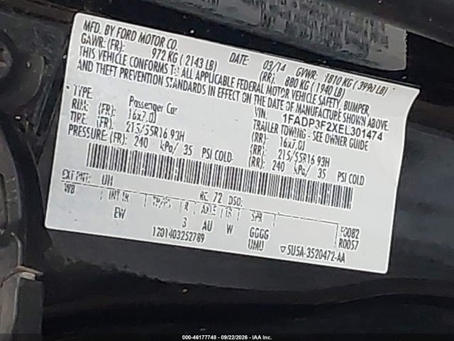 46177748 :رقم المزاد ، 1FADP3F2XEL301474 vin ، 2014 Ford Focus Se مزاد بيع