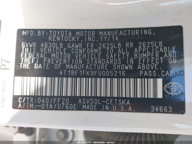 Aukcja sprzedaży 2015 Toyota Camry Se, vin: 4T1BF1FK9FU005216, numer aukcji: 46177777