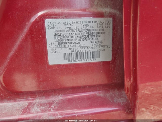 Продаж на аукціоні авто 2014 Nissan Sentra Fe+ S/fe+ Sv/s/sl/sr/sv, vin: 3N1AB7AP2EL677339, номер лоту: 46177779