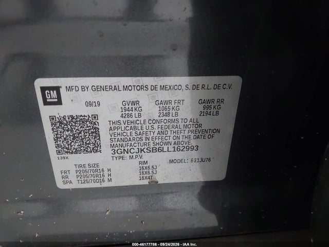 46177786 :رقم المزاد ، 3GNCJKSB6LL162993 vin ، 2020 Chevrolet Trax Fwd Ls مزاد بيع