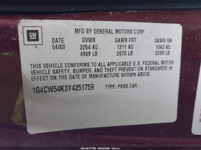 46177799 :رقم المزاد ، 1G4CW54K3Y4251759 vin ، 2000 Buick Park Avenue مزاد بيع