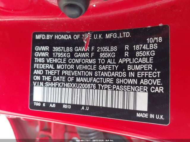 Honda CIVIC EX 2019 SHHFK7H6XKU200876 Image 9
