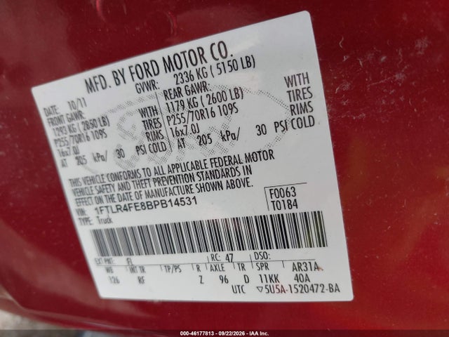 46177813 :رقم المزاد ، 1FTLR4FE8BPB14531 vin ، 2011 Ford Ranger Xlt مزاد بيع