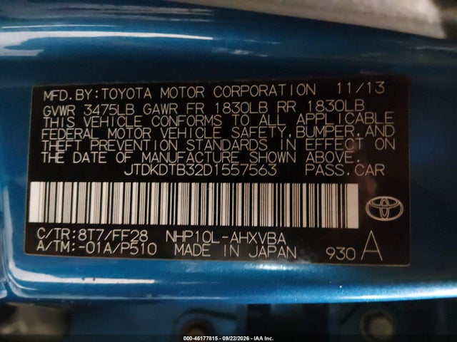 46177815 :رقم المزاد ، JTDKDTB32D1557563 vin ، 2013 Toyota Prius C Two مزاد بيع