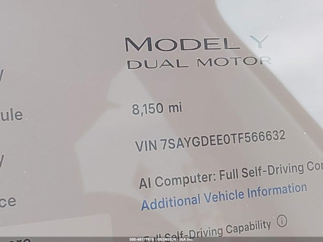 7SAYGDEE0TF566632 Tesla Model Y All-wheel Drive/long Range Launch Series/premium All-wheel Drive