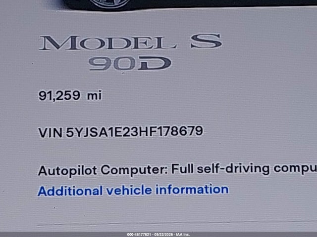 2017 Tesla Model S 100d/60d/75d/90d/p100d მანქანა იყიდება აუქციონზე, vin: 5YJSA1E23HF178679, აუქციონის ნომერი: 46177821