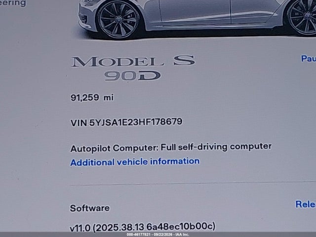2017 Tesla Model S 100d/60d/75d/90d/p100d მანქანა იყიდება აუქციონზე, vin: 5YJSA1E23HF178679, აუქციონის ნომერი: 46177821