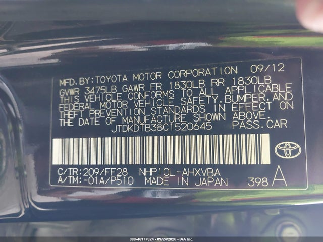 46177824 :رقم المزاد ، JTDKDTB38C1520645 vin ، 2012 Toyota Prius C Two مزاد بيع