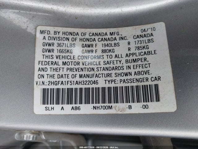 Продаж на аукціоні авто 2010 Honda Civic Lx, vin: 2HGFA1F51AH322046, номер лоту: 46177830