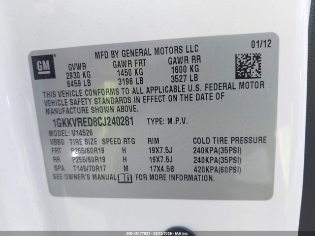 Aukcja sprzedaży 2012 Gmc Acadia Slt-1, vin: 1GKKVRED8CJ240281, numer aukcji: 46177831