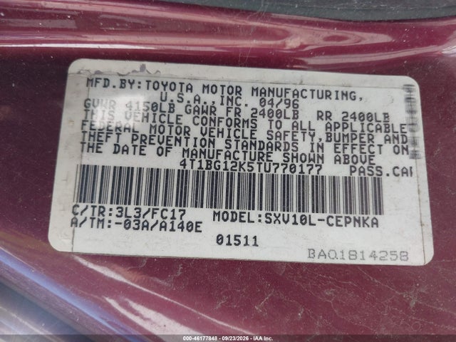 46177848 :رقم المزاد ، 4T1BG12K5TU770177 vin ، 1996 Toyota Camry Dx/le/xle مزاد بيع