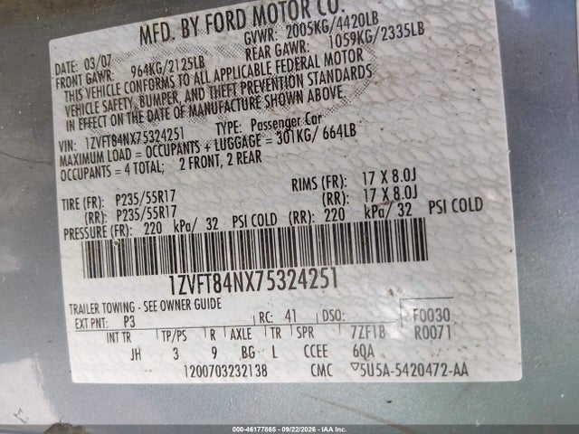 46177865 :رقم المزاد ، 1ZVFT84NX75324251 vin ، 2007 Ford Mustang V6 Deluxe/v6 Premium مزاد بيع