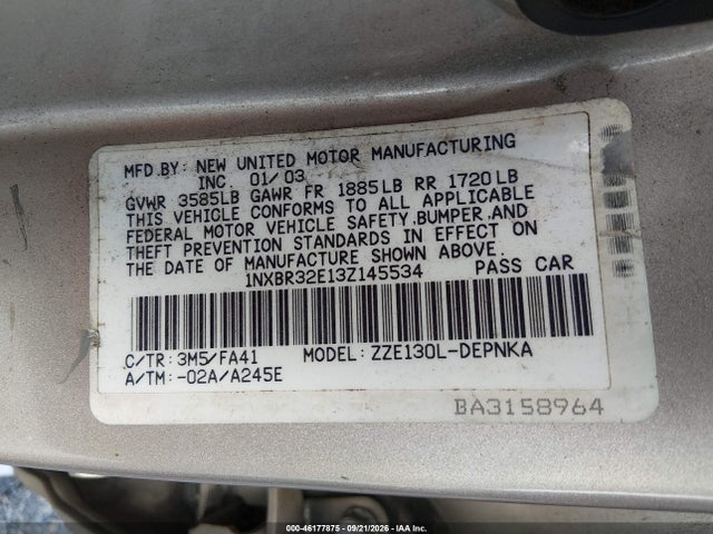 Продаж на аукціоні авто 2003 Toyota Corolla Le, vin: 1NXBR32E13Z145534, номер лоту: 46177875