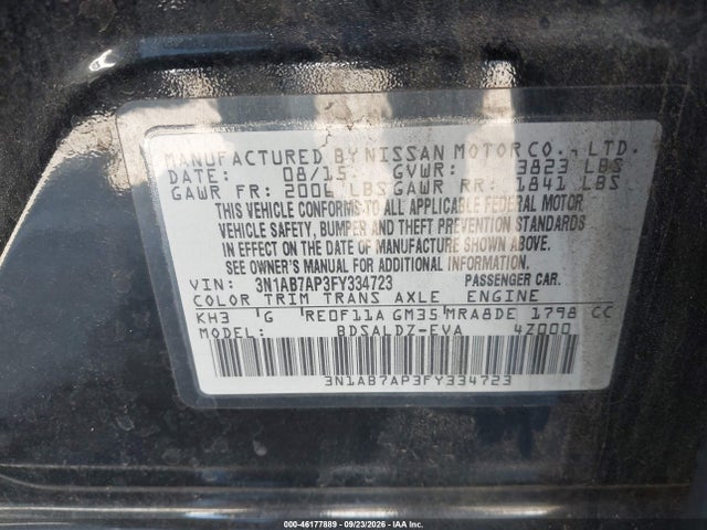 2015 Nissan Sentra Sv მანქანა იყიდება აუქციონზე, vin: 3N1AB7AP3FY334723, აუქციონის ნომერი: 46177889