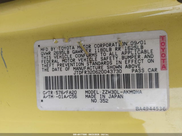 Продаж на аукціоні авто 2002 Toyota Mr2 Spyder, vin: JTDFR320620043730, номер лоту: 46177898