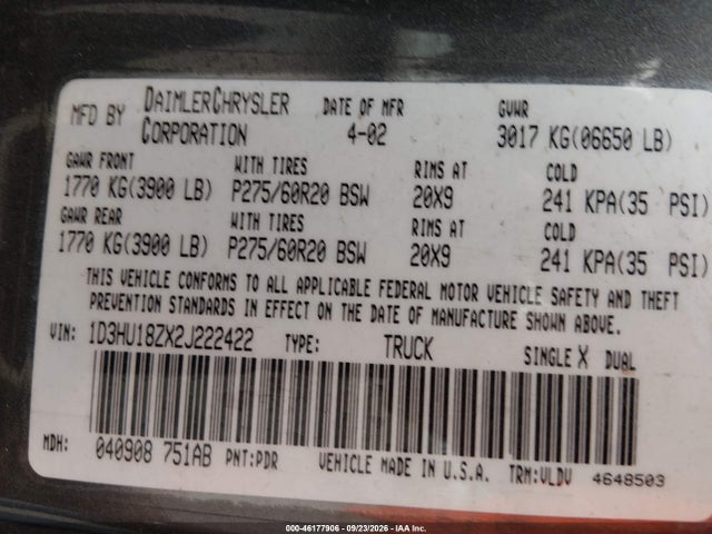 46177906 :رقم المزاد ، 1D3HU18ZX2J222422 vin ، 2002 Dodge Ram 1500 St مزاد بيع