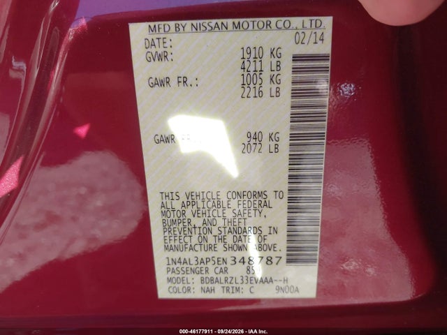 46177911 :رقم المزاد ، 1N4AL3AP5EN348787 vin ، 2014 Nissan Altima 2.5 S مزاد بيع