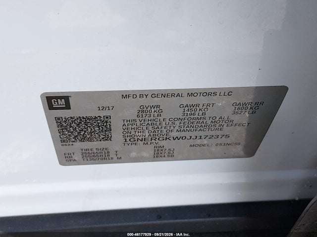 Продаж на аукціоні авто 2018 Chevrolet Traverse 1lt, vin: 1GNERGKW0JJ172375, номер лоту: 46177929