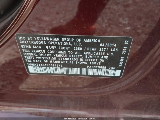 Продажа на аукционе авто 2014 Volkswagen Passat 1.8t Wolfsburg Edition, vin: 1VWAT7A31EC091943, номер лота: 46177928