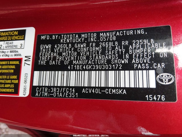 2009 Toyota Camry Se მანქანა იყიდება აუქციონზე, vin: 4T1BE46K39U303172, აუქციონის ნომერი: 46177931