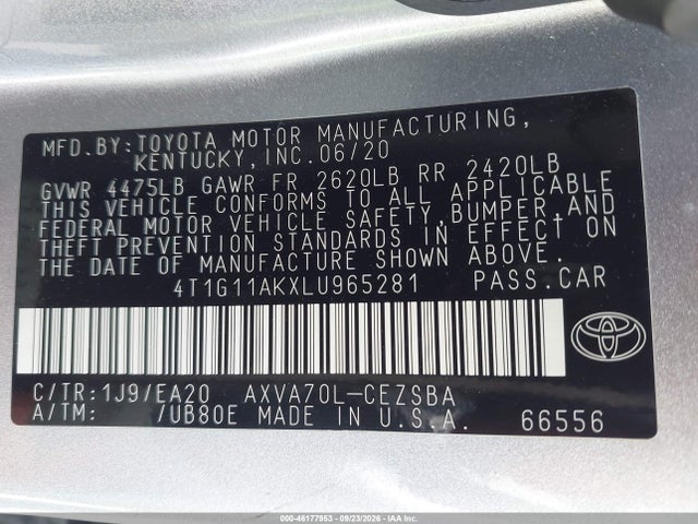 46177953 :رقم المزاد ، 4T1G11AKXLU965281 vin ، 2020 Toyota Camry Se مزاد بيع