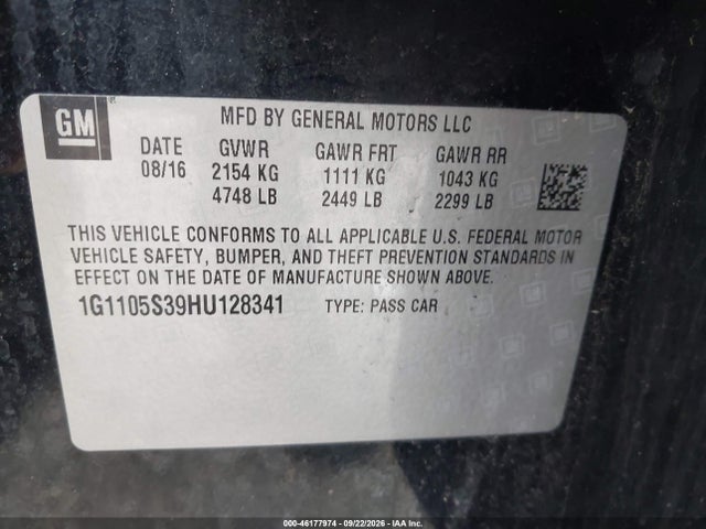2017 Chevrolet Impala 1lt მანქანა იყიდება აუქციონზე, vin: 1G1105S39HU128341, აუქციონის ნომერი: 46177974