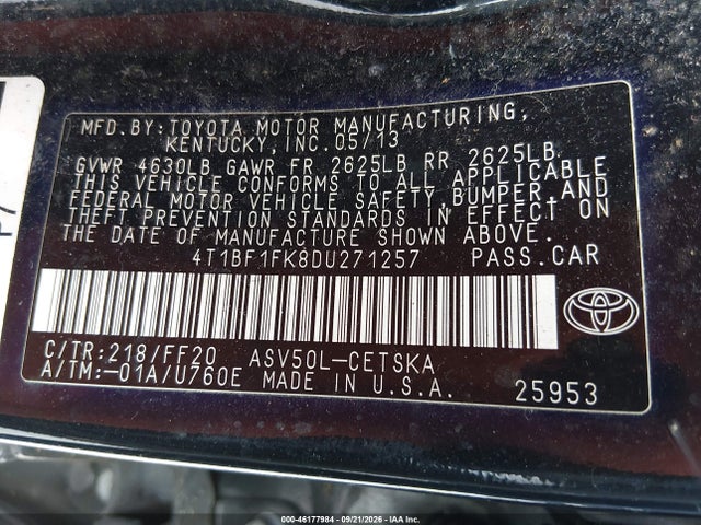 2013 Toyota Camry Se მანქანა იყიდება აუქციონზე, vin: 4T1BF1FK8DU271257, აუქციონის ნომერი: 46177984