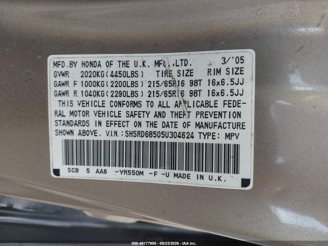 2005 Honda Cr-v Lx მანქანა იყიდება აუქციონზე, vin: SHSRD68505U304624, აუქციონის ნომერი: 46177995