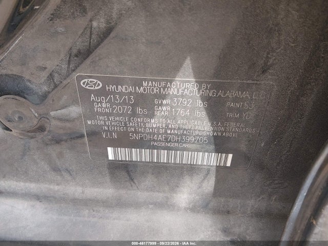 2013 Hyundai Elantra Gls მანქანა იყიდება აუქციონზე, vin: 5NPDH4AE7DH399705, აუქციონის ნომერი: 46177999