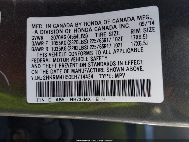Продаж на аукціоні авто 2014 Honda Cr-v Ex, vin: 2HKRM4H50EH714434, номер лоту: 46178014