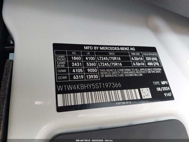 2025 Mercedes-benz Sprinter 2500 Standard Roof 4-cyl Diesel მანქანა იყიდება აუქციონზე, vin: W1W4KBHY5ST197366, აუქციონის ნომერი: 46178018